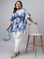 Janasya Women's Navy Blue Cotton Tie Dye Casual Kaftan Tunic