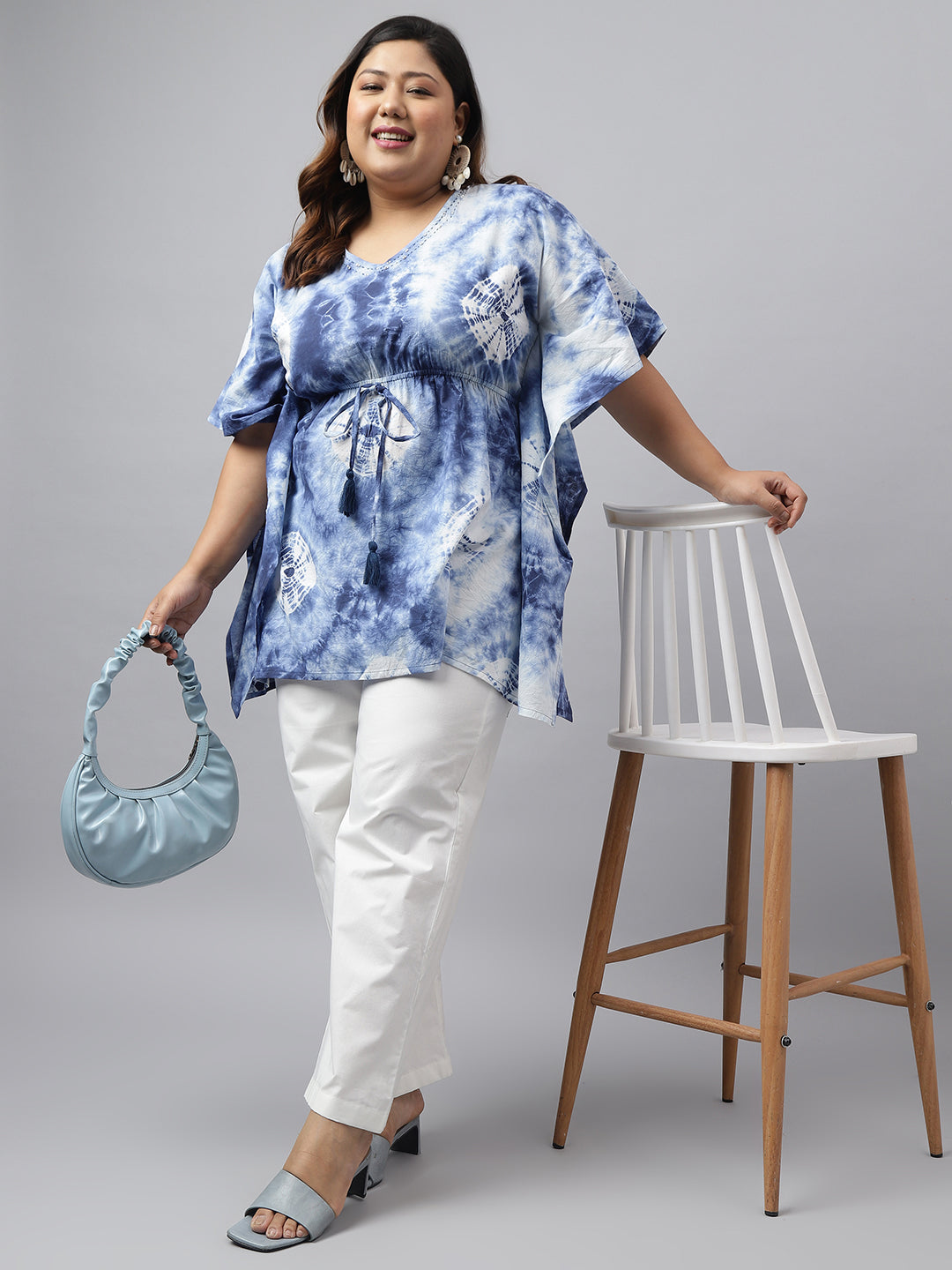 Janasya Women's Navy Blue Cotton Tie Dye Casual Kaftan Tunic