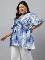 Janasya Women's Navy Blue Cotton Tie Dye Casual Kaftan Tunic
