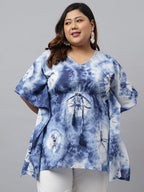 Janasya Women's Navy Blue Cotton Tie Dye Casual Kaftan Tunic