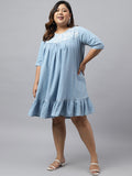 Janasya Women's Light Blue Denim Yoke Embroidered Casual Flared Western Dress