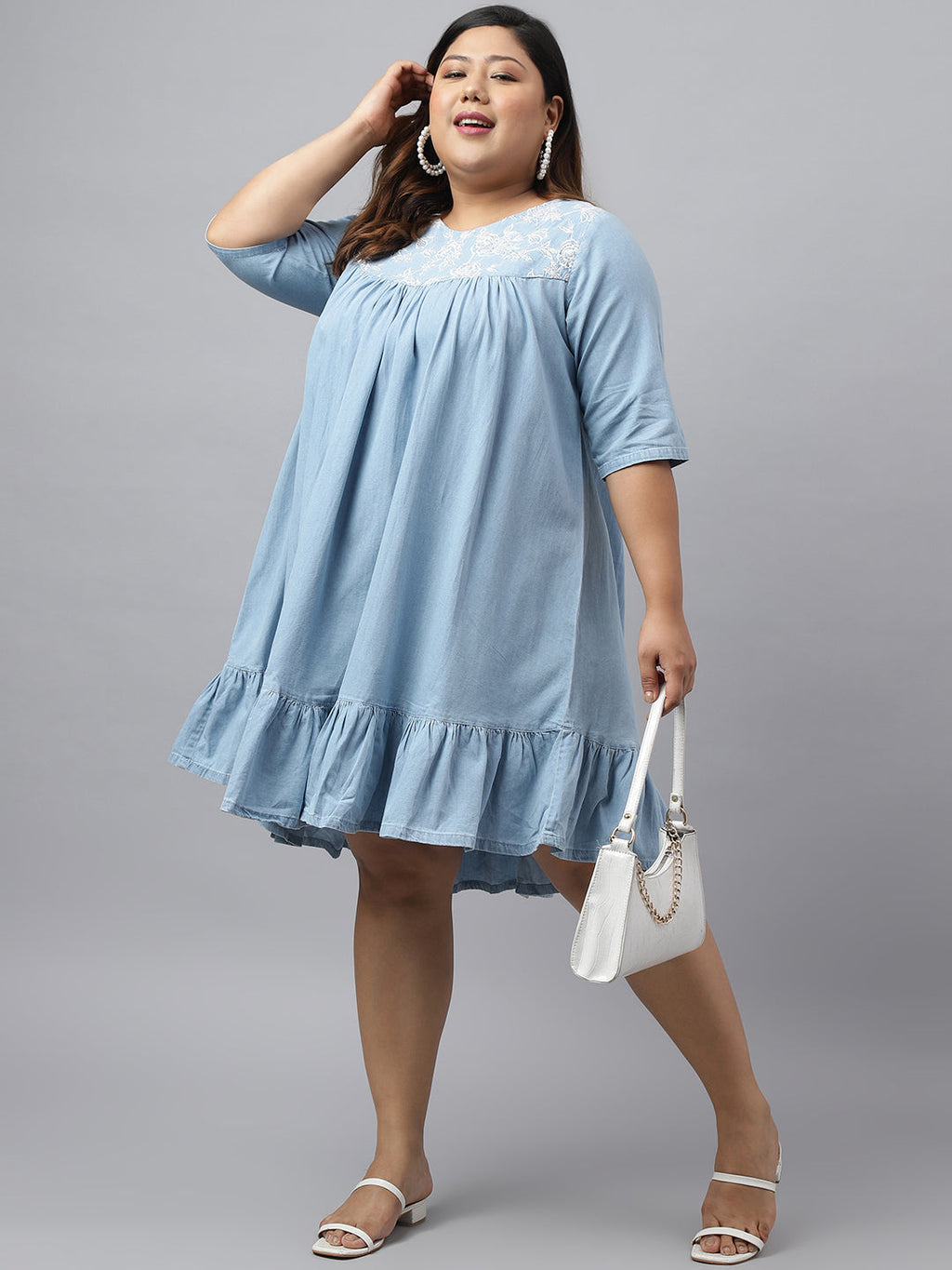Janasya Women's Light Blue Denim Yoke Embroidered Casual Flared Western Dress