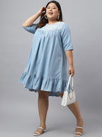 Janasya Women's Light Blue Denim Yoke Embroidered Casual Flared Western Dress