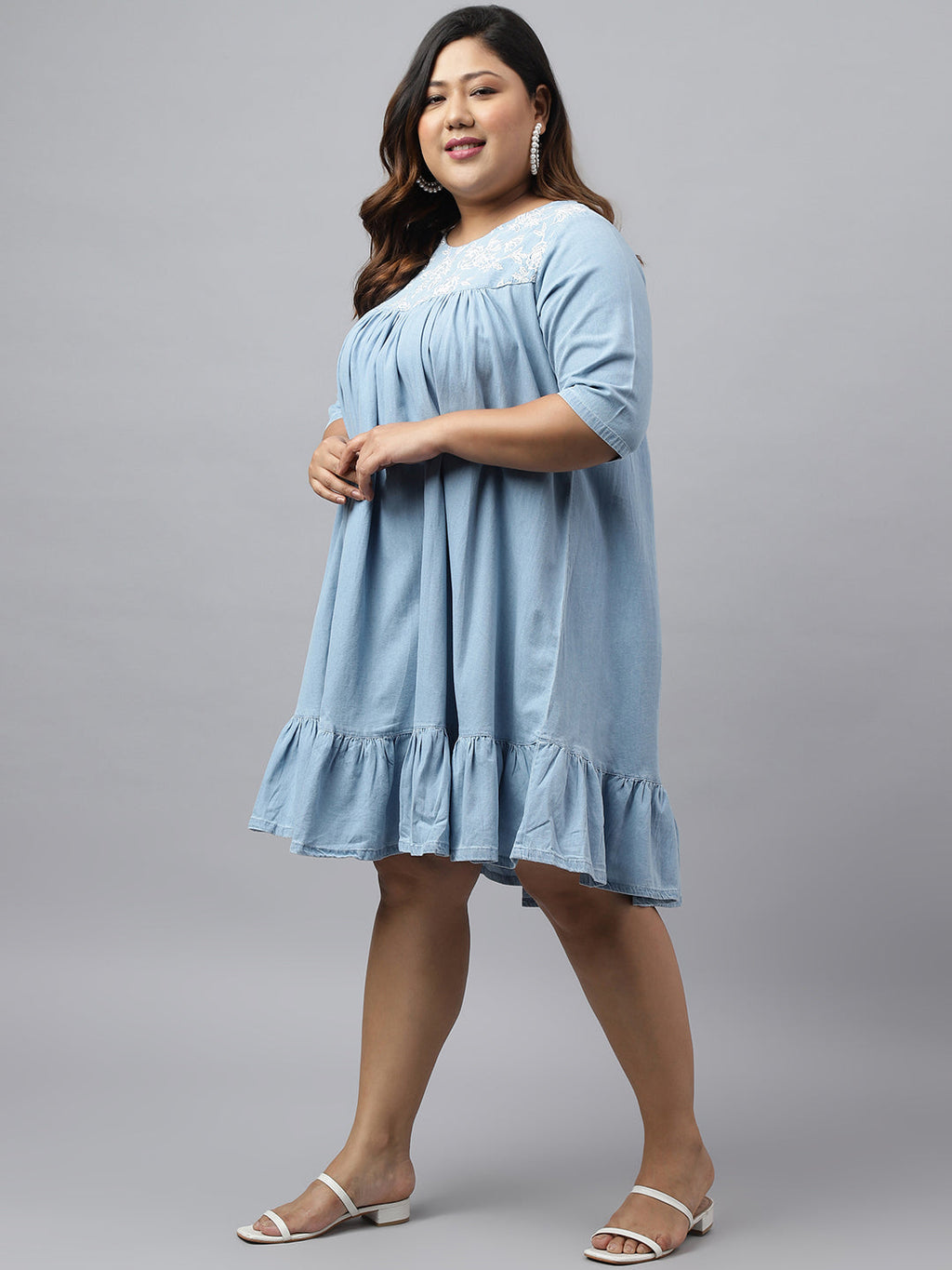 Janasya Women's Light Blue Denim Yoke Embroidered Casual Flared Western Dress