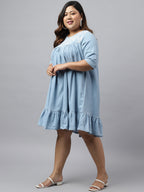 Janasya Women's Light Blue Denim Yoke Embroidered Casual Flared Western Dress