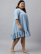 Janasya Women's Light Blue Denim Yoke Embroidered Casual Flared Western Dress