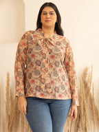Janasya Peach Georgette Floral Printed Casual Top