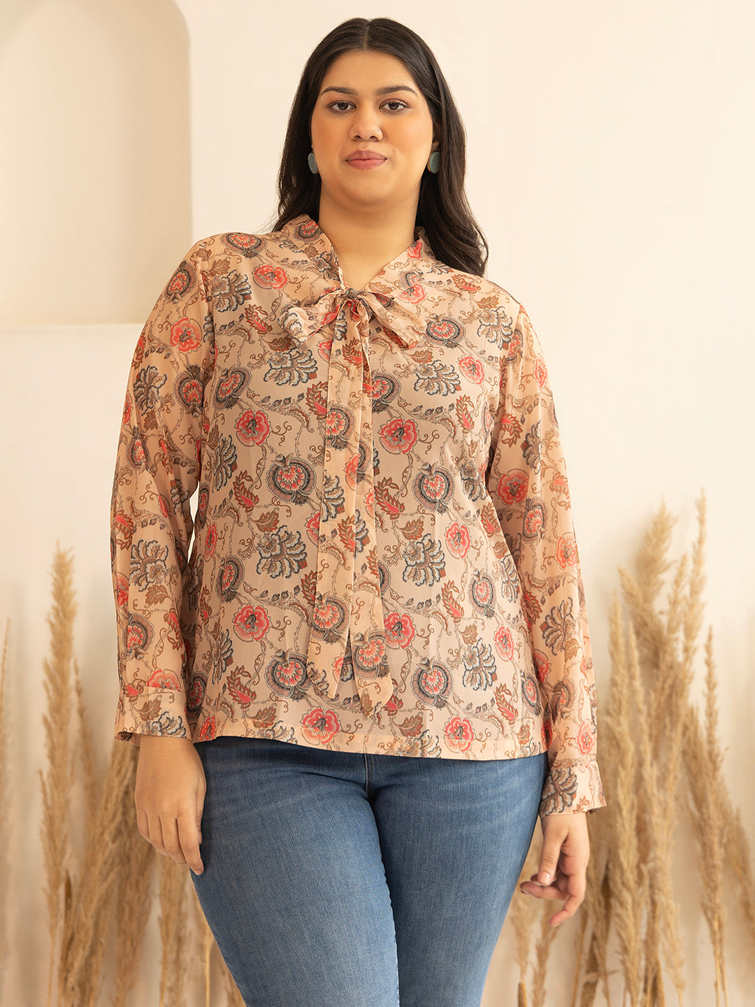 Janasya Peach Georgette Floral Printed Casual Top