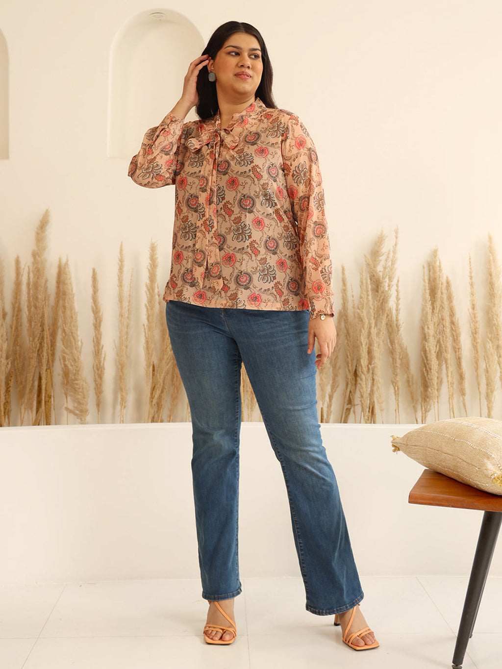 Janasya Peach Georgette Floral Printed Casual Top