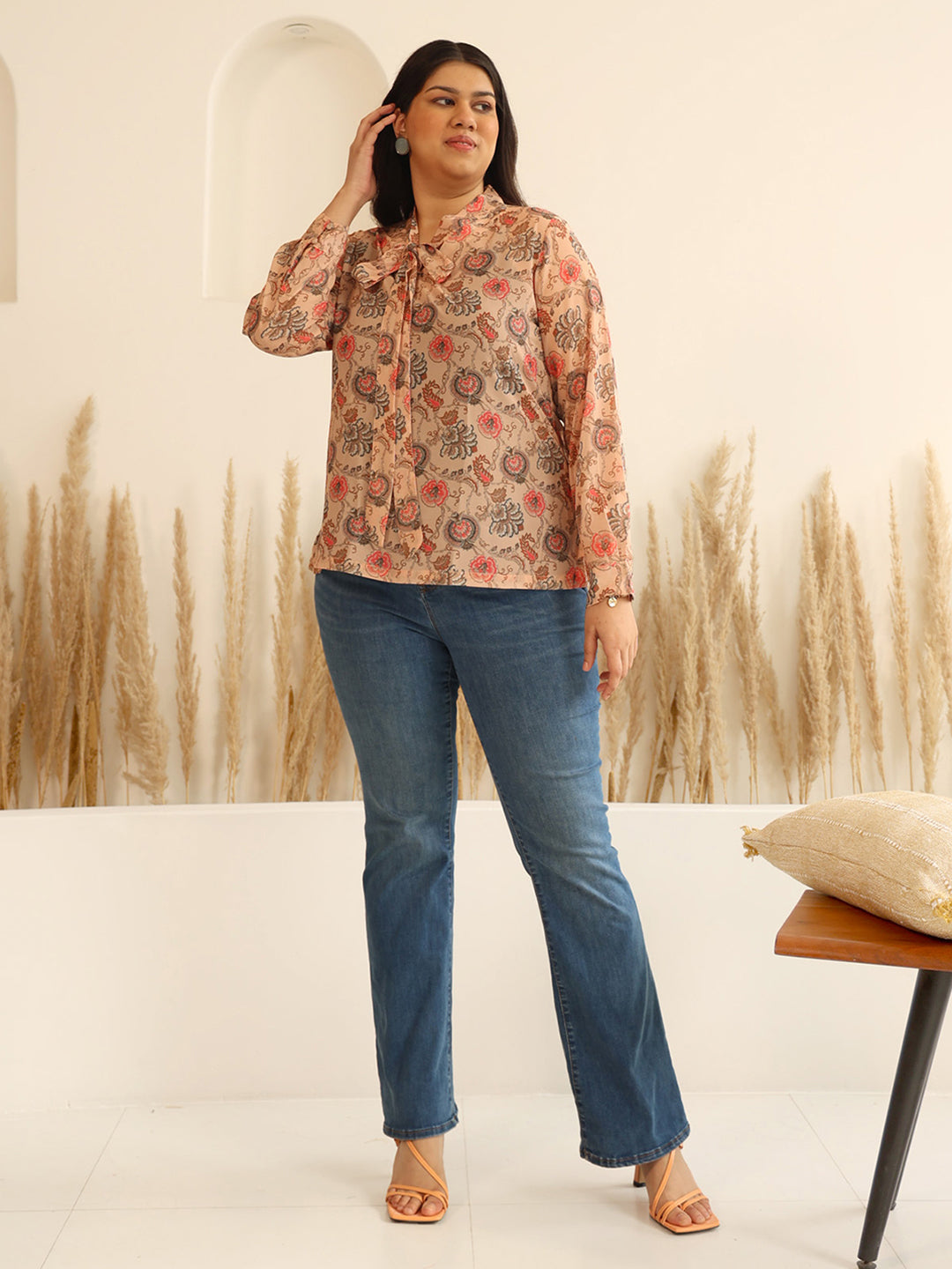 Janasya Peach Georgette Floral Printed Casual Top