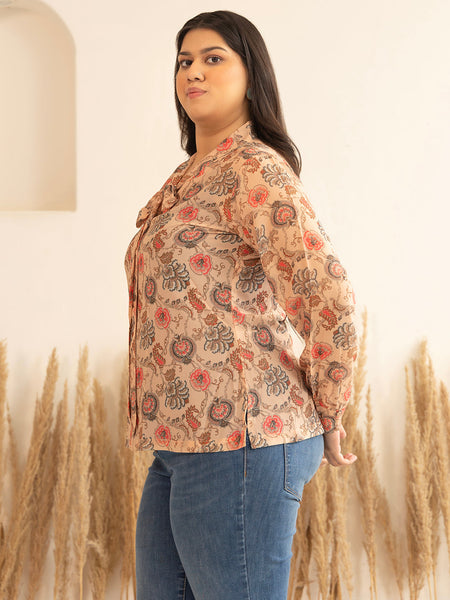 Janasya Peach Georgette Floral Printed Casual Top
