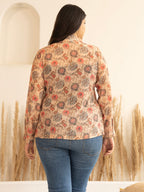 Janasya Peach Georgette Floral Printed Casual Top