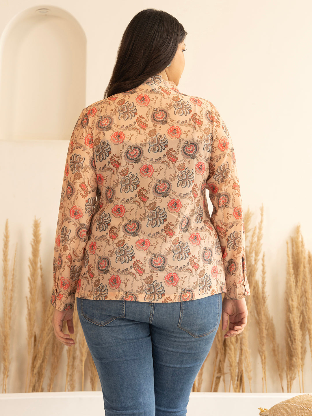 Janasya Peach Georgette Floral Printed Casual Top