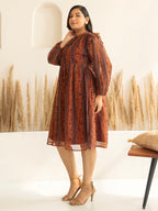 Janasya Rust Chiffon Lurex Floral Printed Casual Dress - Distacart