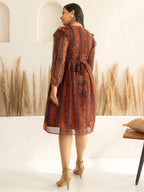 Janasya Rust Chiffon Lurex Floral Printed Casual Dress - Distacart