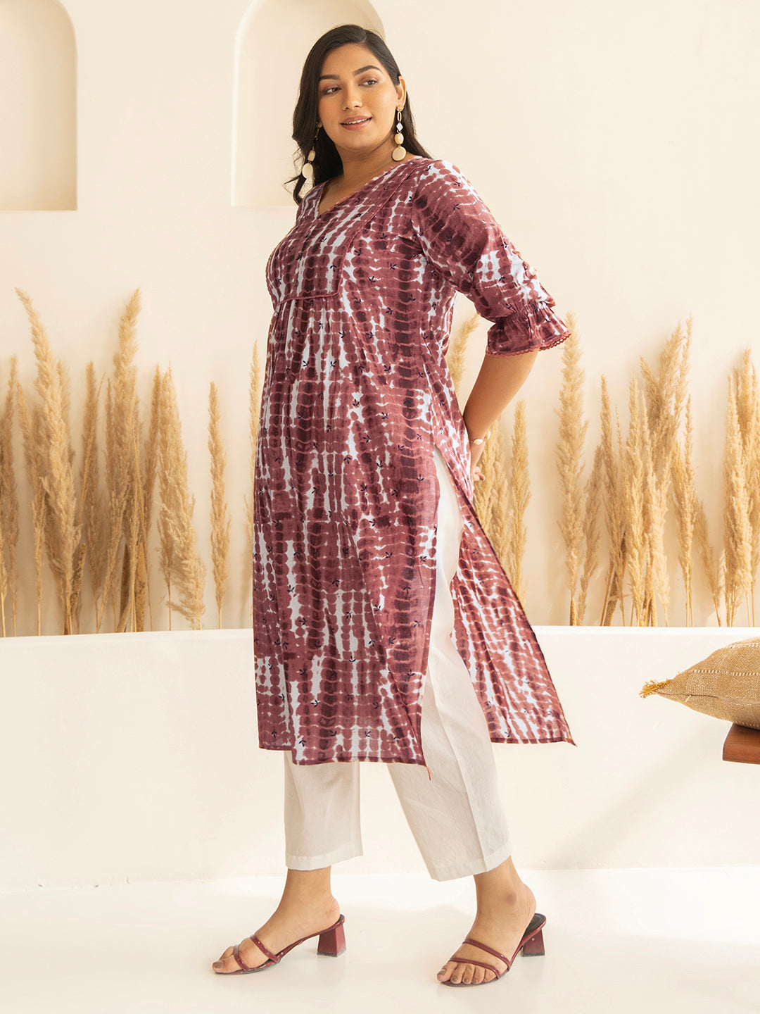 Janasya Light Brown Cotton Tie-dye Printed kurta