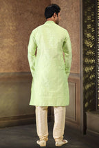Raivat Ethnic Jacquard Art Silk Mirror and Thread Work Kurta Pajama In Pista Green Colour - Distacart