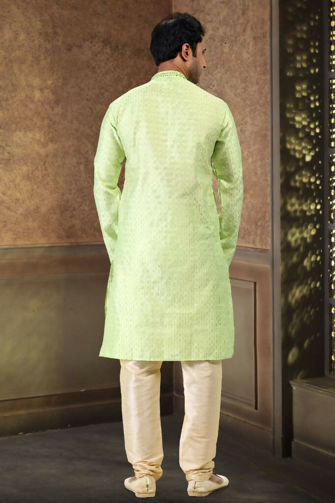 Raivat Ethnic Jacquard Art Silk Mirror and Thread Work Kurta Pajama In Pista Green Colour - Distacart