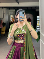 Vastranavya Navaratri Special Rayon with Printed Patch With Gota Patti And Paper Mirror Work And Cowrie (Kodi) Lace Touch Up Lehenga with Stitched Blouse - Wine