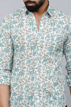 Miravan Men's Spread Collar White & Green Floral Print Slim Fit Shirt
