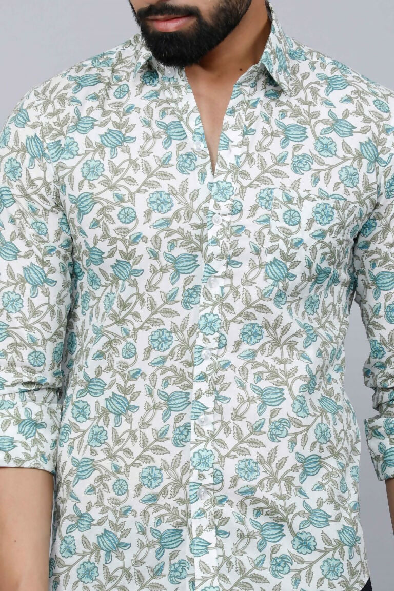 Miravan Men's Spread Collar White & Green Floral Print Slim Fit Shirt