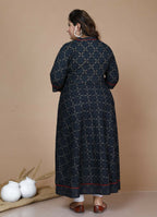 Miravan Women's Plus Size Navy Blue Printed Angrakha Kurta