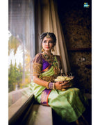 DEIANA'S Beautiful Designer Golden zari Soft Lichi Silk Saree - Pista