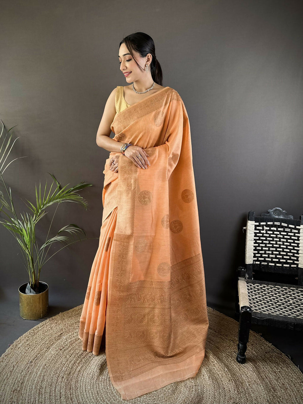 Joban Fashion Orange Floral & Paisley Linen Silk Banarasi Saree - Distacart