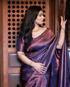 DEIANA'S Beautiful Designer Golden zari Soft Lichi Silk Saree - Purple