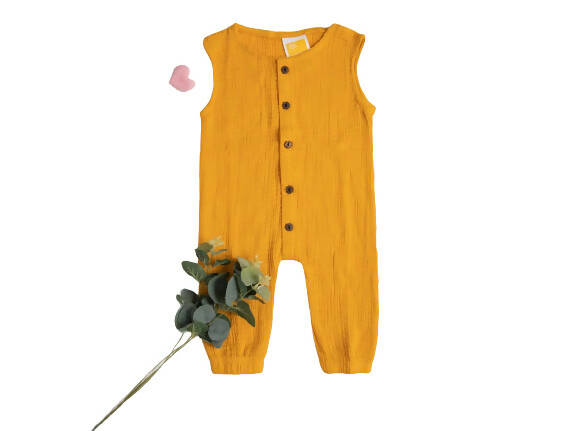 Sunshine Baby Cute Organic Muslin Cotton Sleeveless Full Length Rompers For Babies - Yellow