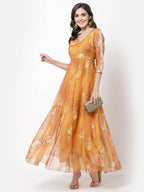 Myshka Women's Brown Organza Printed 3/4 Sleeve V Neck Casual Dress