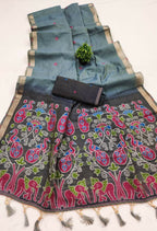 Vastranavya Grey Muga Cotton Meenakari & Azarakh Pallu Saree with Contrast Blouse - Distacart