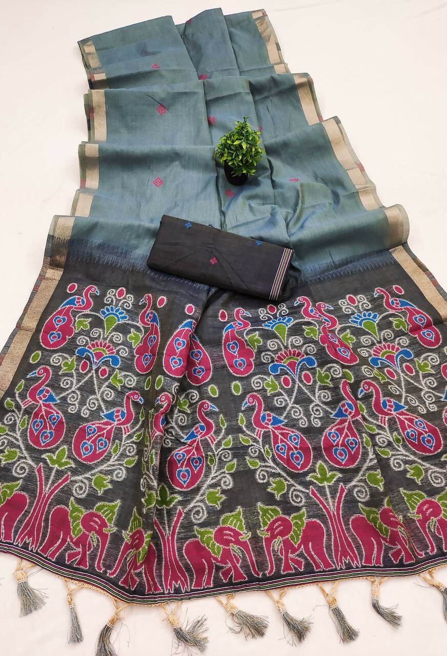 Vastranavya Grey Muga Cotton Meenakari & Azarakh Pallu Saree with Contrast Blouse - Distacart