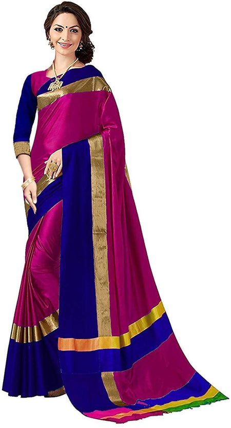 Vamika Pink and Navy Blue Cotton Silk Weaving Saree (Shreeji Pink Blue)