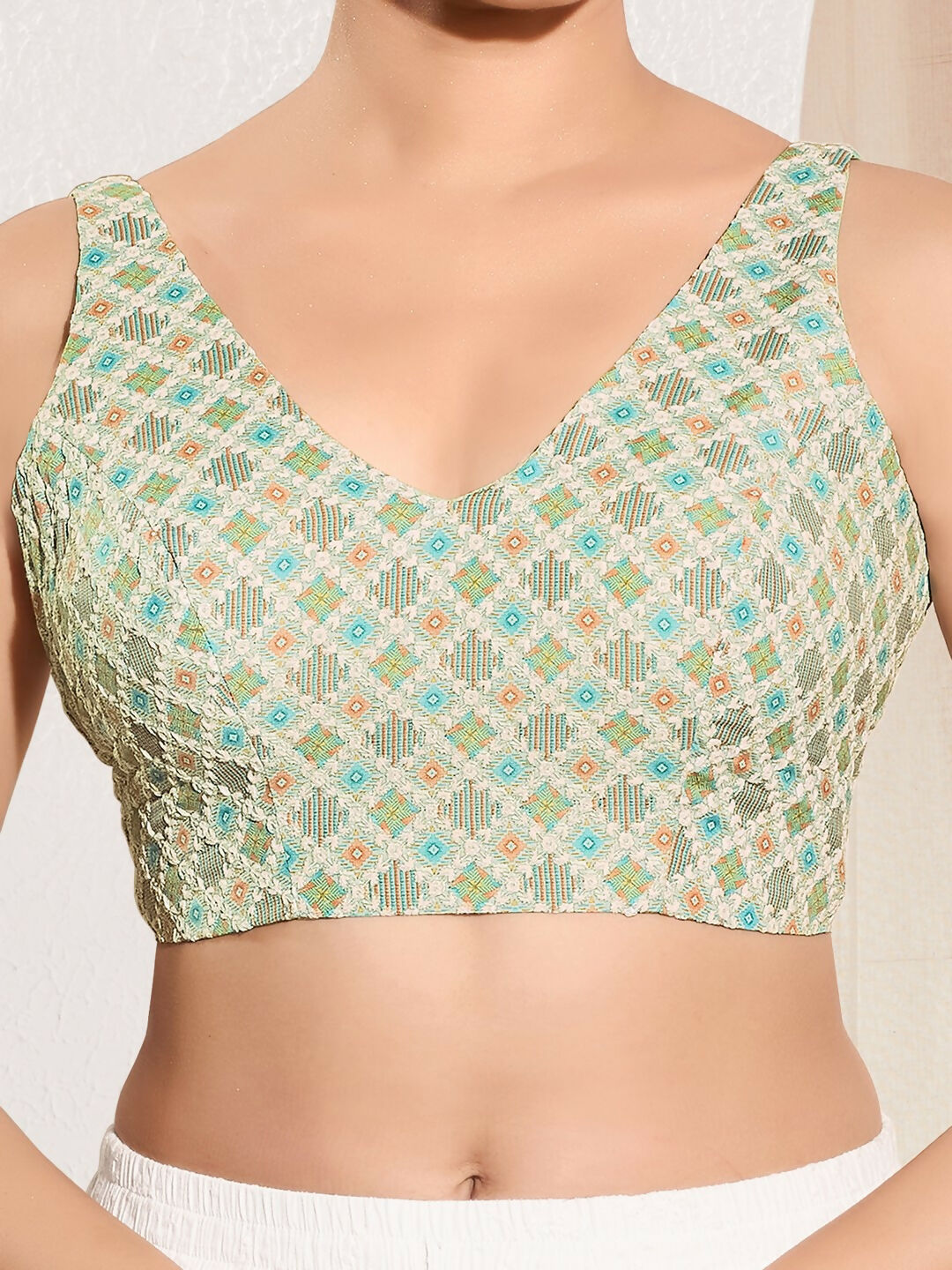 Joban Fashion Pista Green Jacquard Padded Blouse With V Neck Sleeveless - Distacart