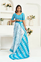 Joban Fashion White Leaf Linen Ready To Wear Saree With Unstitched Blouse - Distacart