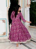 Miravan Women's Cotton Gotapatti And Lace Border Details Floral Printed Purple Anarkali Kurta