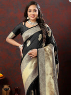 Lorenvalley Fashion Black Soft Silk Woven Design Gold Zari Weaving Saree