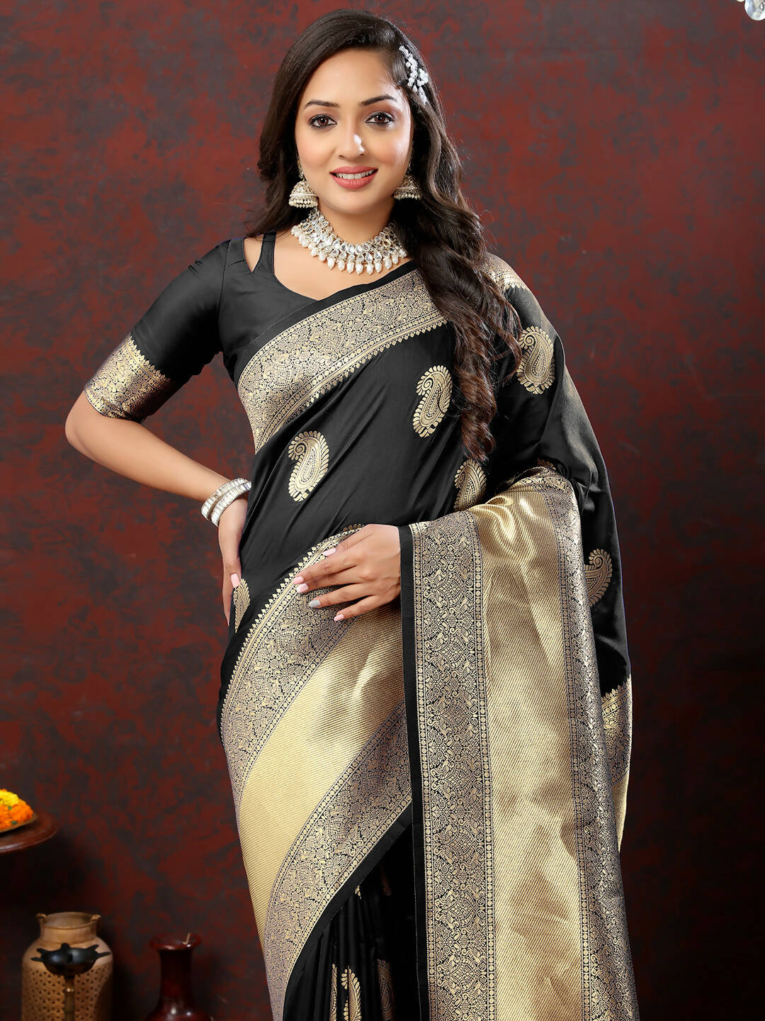 Lorenvalley Fashion Black Soft Silk Woven Design Gold Zari Weaving Saree