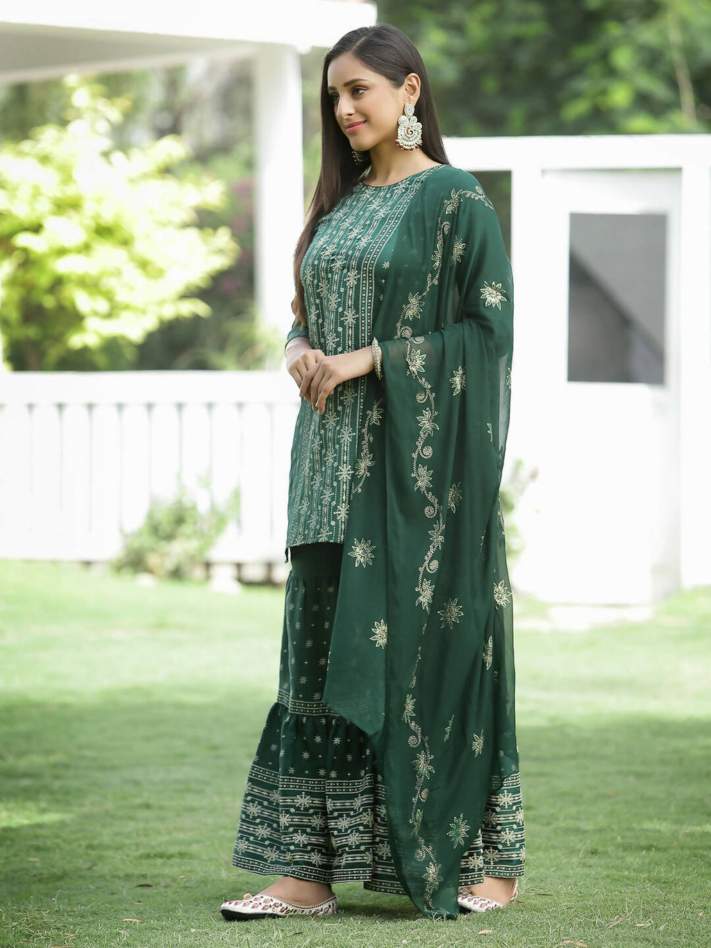 Juniper Green Mono Viscose Festive Wear Printed Straight Kurta Sharara Dupatta Set - Distacart