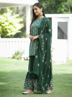 Juniper Green Mono Viscose Festive Wear Printed Straight Kurta Sharara Dupatta Set - Distacart