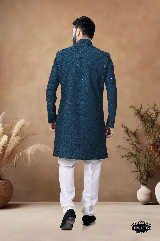 Joban Fashion Men's Blue Straight Silk Heavy Thread & Sequence Embroidery All Over Indo-Western Kurta Set