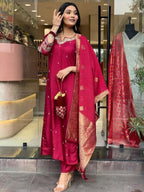 The52 Maroon Beautiful Embroidered Viscose Chanderi Fabric Straight Kurta Pant with Dupatta Set - Distacart