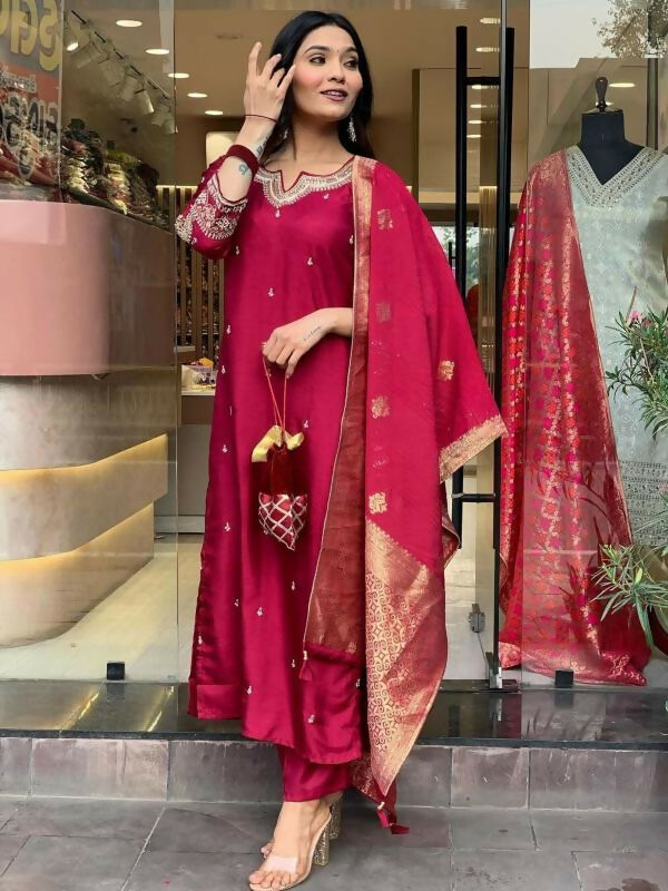 The52 Maroon Beautiful Embroidered Viscose Chanderi Fabric Straight Kurta Pant with Dupatta Set - Distacart