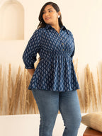 Janasya Dark Blue Cotton Ethnic Motifs A-Line Top