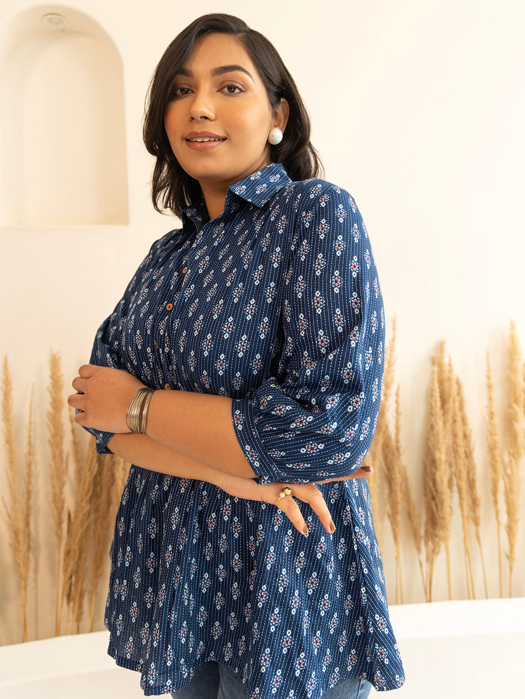 Janasya Dark Blue Cotton Ethnic Motifs A-Line Top