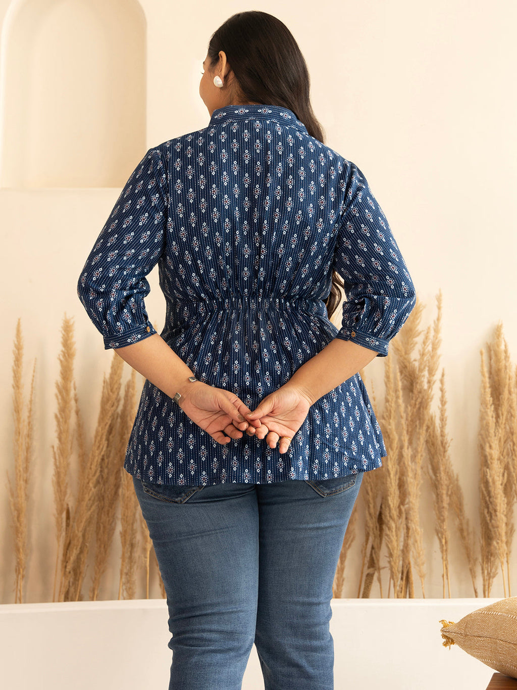 Janasya Dark Blue Cotton Ethnic Motifs A-Line Top