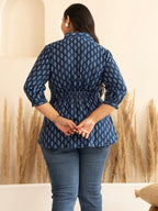 Janasya Dark Blue Cotton Ethnic Motifs A-Line Top