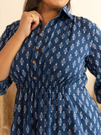 Janasya Dark Blue Cotton Ethnic Motifs A-Line Top