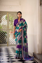 Vastranavya Purple Viscose Chanderi Printed with Temple Border Saree & Unstitched Blouse - Distacart